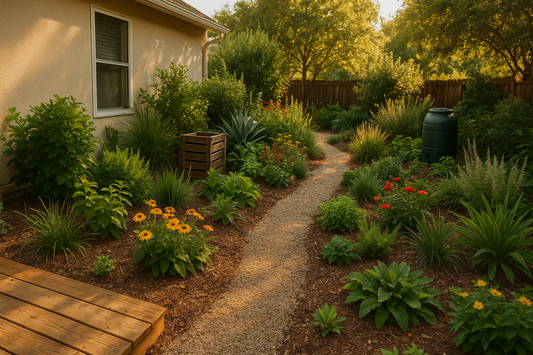 Eco-friendly landscaped backyard with gravel path, rain barrel, wooden compost bin, and lush native plants in warm sunlight.