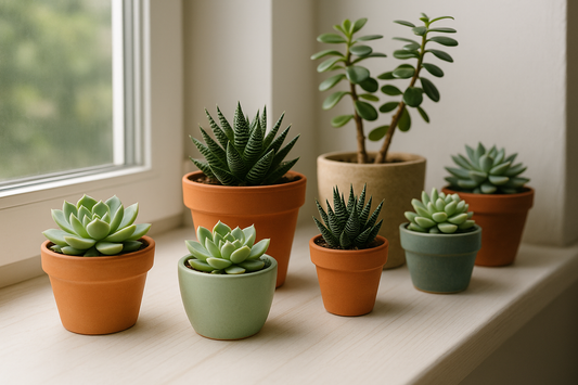 Sunlit windowsill with assorted succulents in terracotta pots and ceramic planters.