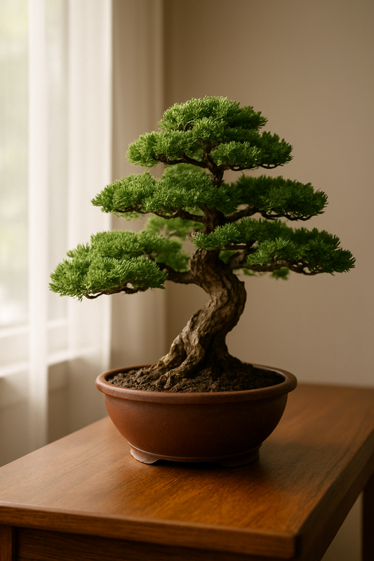 Bonsai tree on a wooden table by a window, showcasing a lush green canopy and thick trunk, illustrating proper bonsai care.