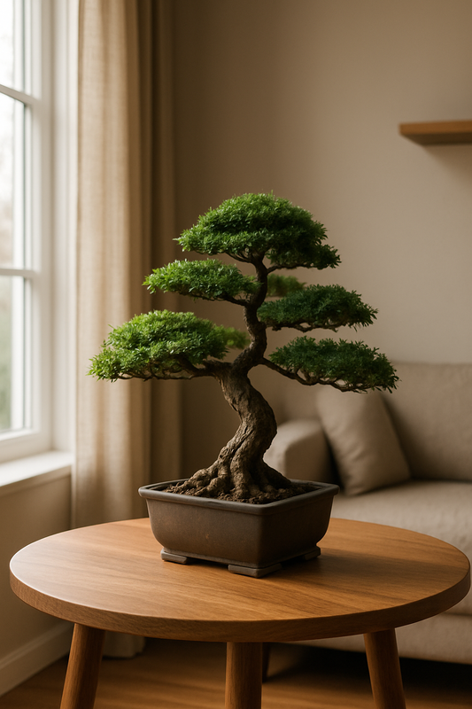 Serene interior with a bonsai tree on a wooden table near a sunny window, demonstrating ideal indoor placement and peaceful ambiance.