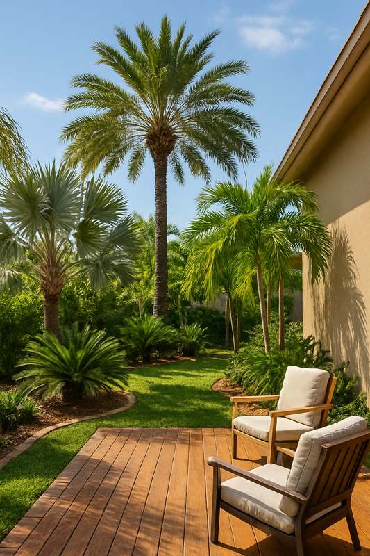 Backyard deck with various palm trees, chairs, and lush tropical landscaping in a warm, inviting setting.