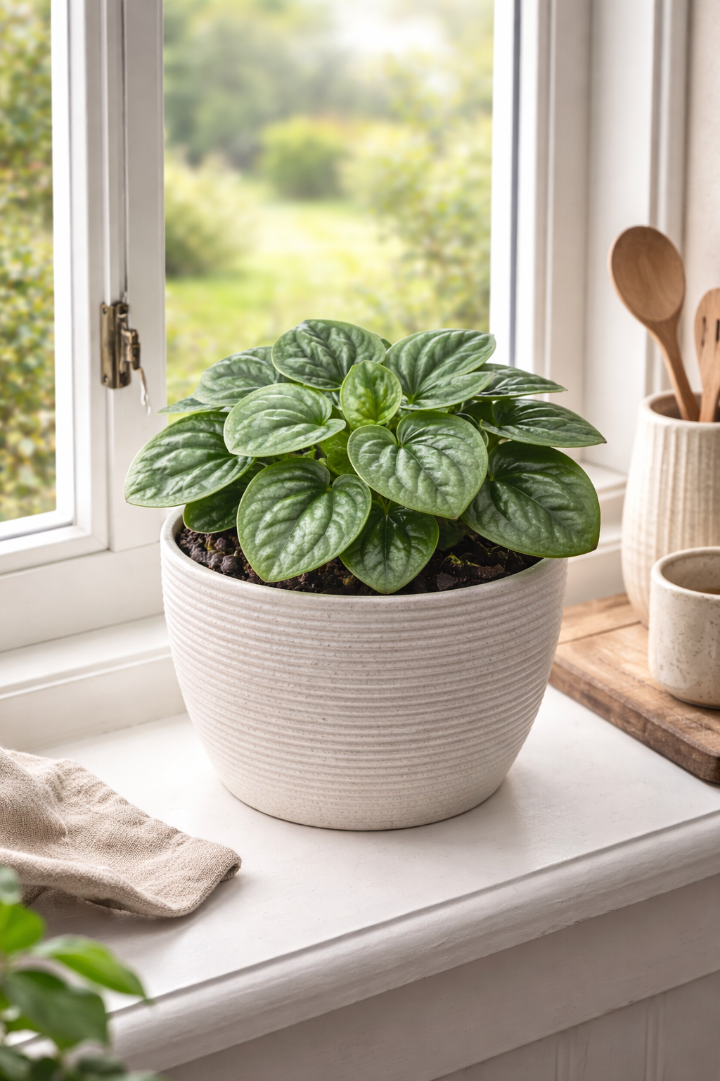 Peperomia 'Frost' plant with silvery-green heart-shaped leaves with dark green edges in a ribbed beige pot on a white windowsill with a view of green garden outside and wooden utensils nearby.