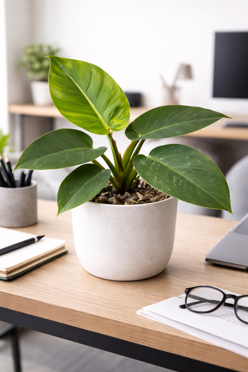 Philodendron 'Imperial Green' houseplant with large glossy dark green leaves growing from a white round pot on a wooden desk with blurred office items in the background.