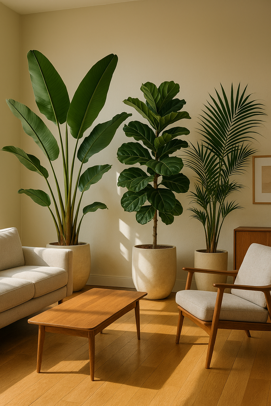 Sunlit living room with Bird of Paradise, Fiddle Leaf Fig and Kentia palm in ceramic pots next to beige sofa and wooden chair.