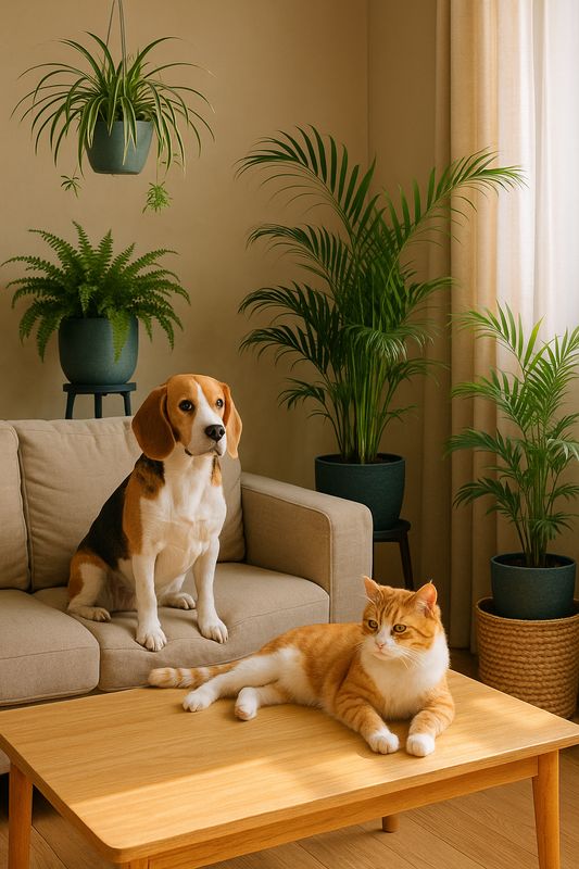 Cozy living room with a dog and cat surrounded by pet-safe houseplants including a spider plant, Boston fern and Areca palm