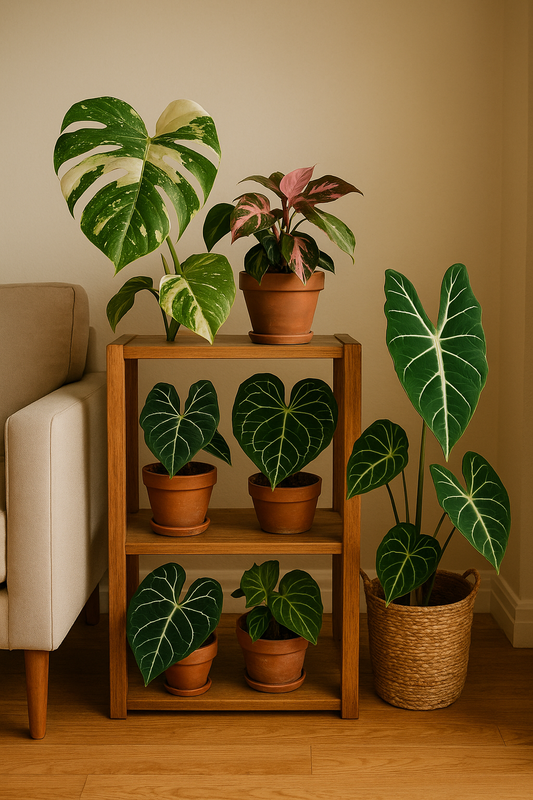 Indoor display of rare tropical plants including variegated Monstera, Philodendron Pink Princess, Alocasia, and Anthurium on wooden shelves in a cozy living room.