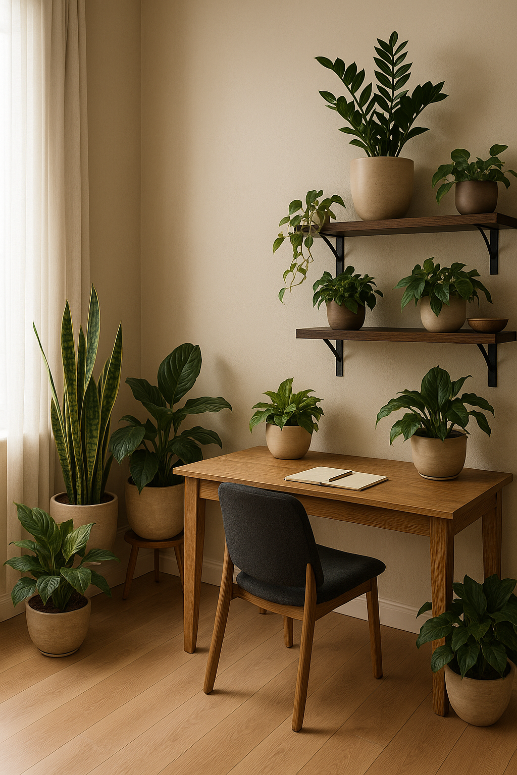 Cozy home office with low-light houseplants including snake plant, ZZ plant, pothos and peace lily