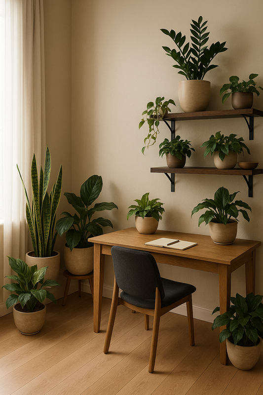 Cozy home office with low-light houseplants including snake plant, ZZ plant, pothos and peace lily