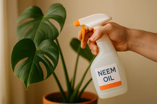 Hand spraying neem oil on Monstera leaf to control houseplant pests organically