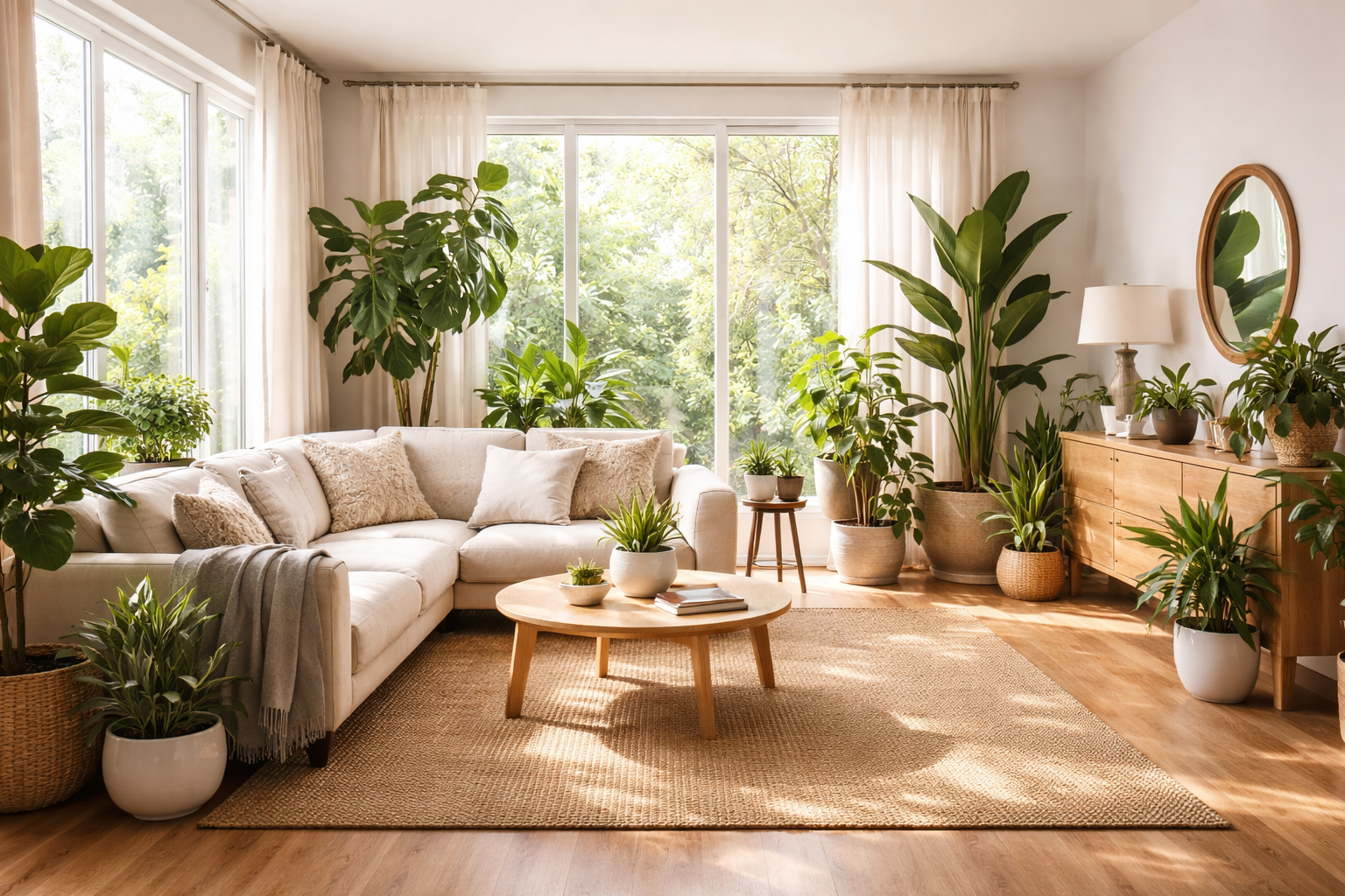 Bright living room with a beige sectional sofa, wooden coffee table on a woven rug, and numerous potted plants near large windows with sheer curtains.