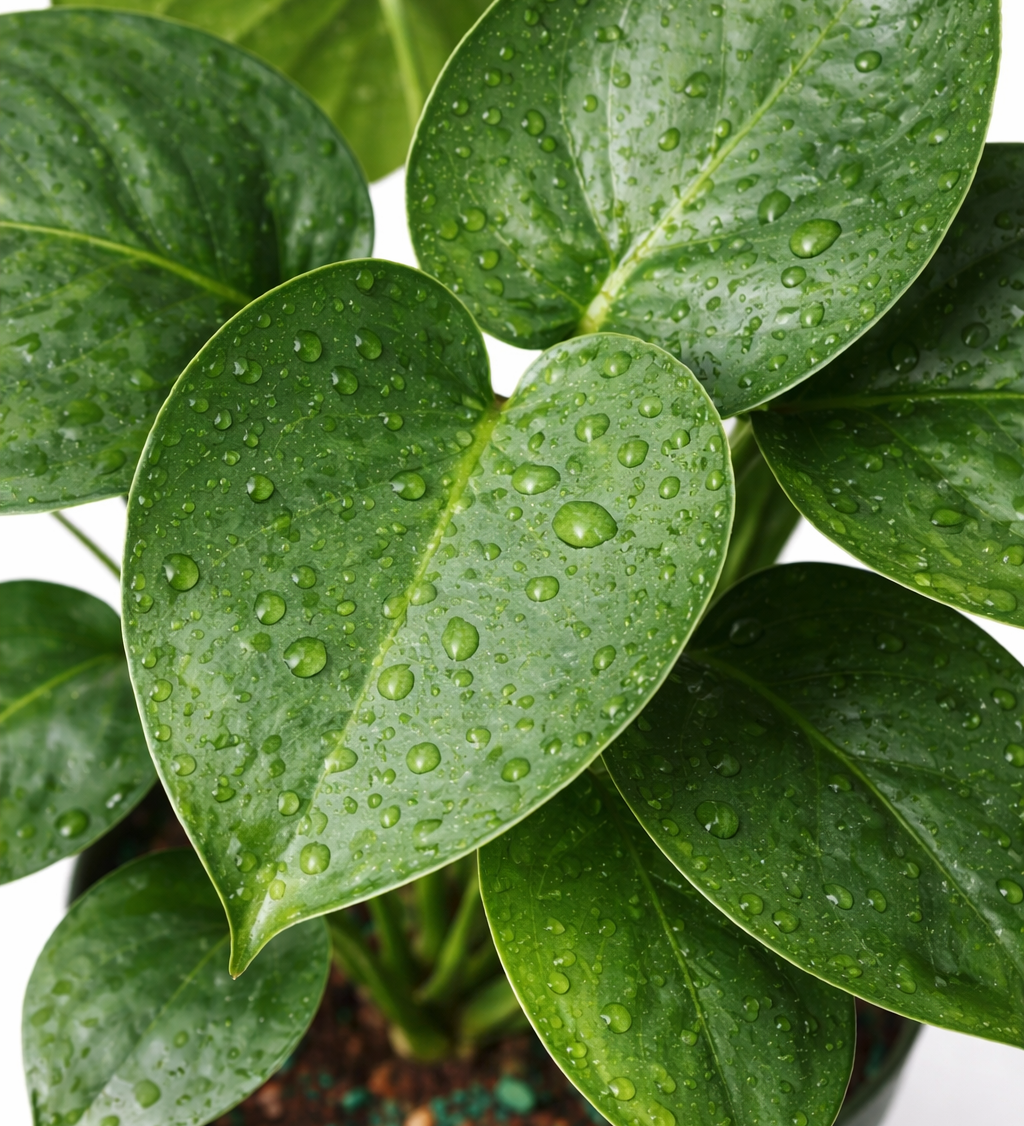 Close-up of Monstera deliciosa (Swiss cheese plant) showing glossy green heart-shaped leaves with small water droplets against a white background.