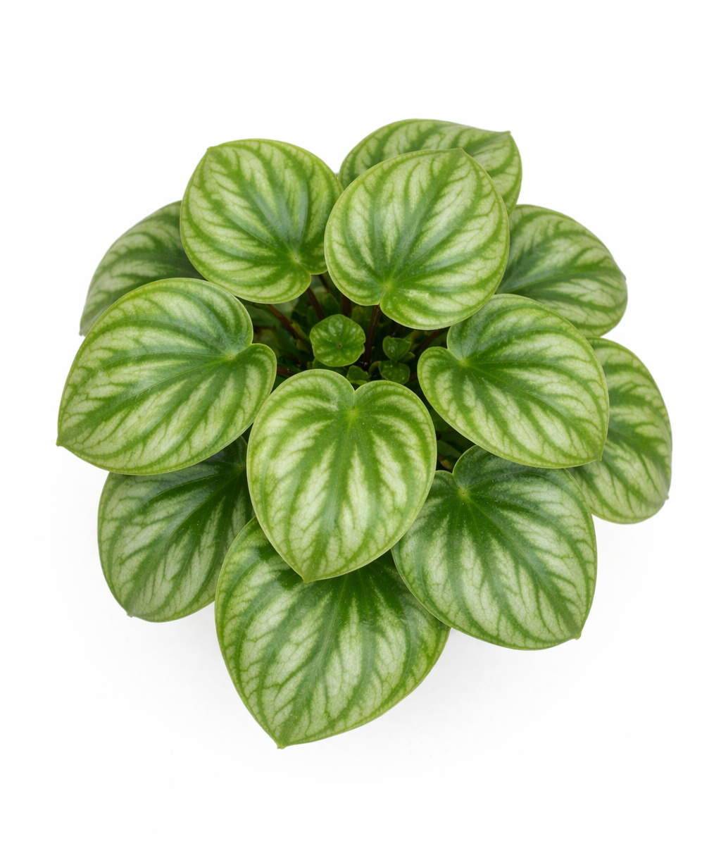 Top view of a Watermelon peperomia (Peperomia argyreia) plant showing a rosette of round green leaves striped with dark green and silver, in a pot against a white background.